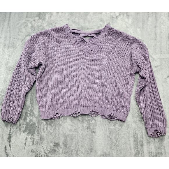 Derek Heart Distressed V-Neck Crop Sweater Size XL Lilac Purple Crisscross Back - Picture 1 of 8